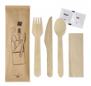 Wooden cutlery set in sealed paper bag, 250 units.
