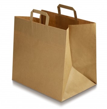 Grand sac en papier kraft avec poignées plates pour la vente à emporter.