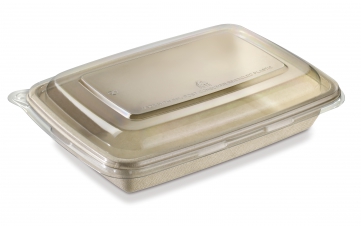 Emballage barquette écologique plate et couvercle transparent en bagasse pour salades et plats froids à emporter.